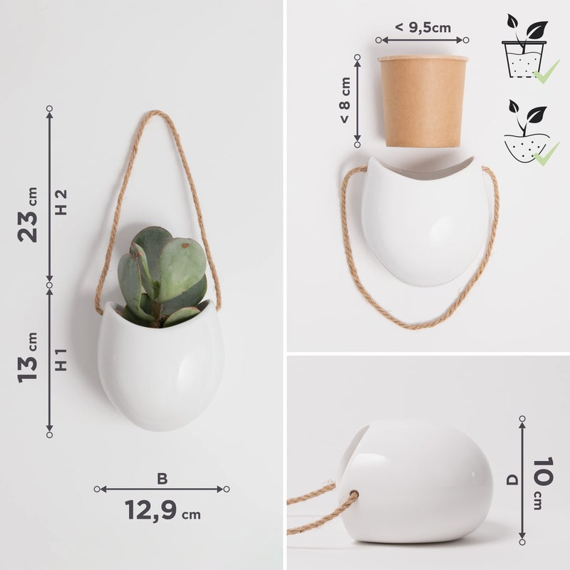Kazai. Wall Planters -Ellie- | Hanging Ceramic Plant Pots 3 Pieces | Wall Decoration for Indoors  Balcony and Garden | White (Glossy) - Image 5